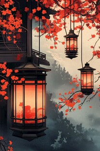 古风红枫下的悬灯景致