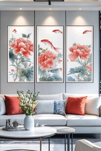 中式客厅三联花鸟装饰画