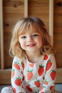 穿草莓印花睡衣的可爱女童