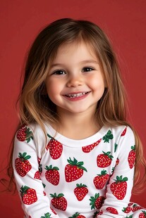 穿草莓印花衣的可爱小女孩