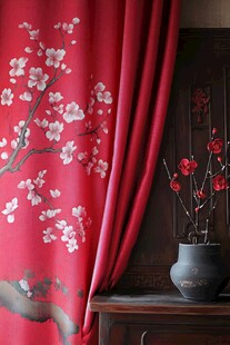 中式红梅刺绣窗帘与盆栽