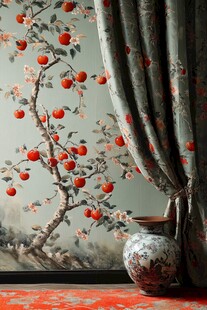 中式墙纸旁的雅致花瓶