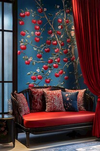 中式风客厅沙发与花鸟壁画