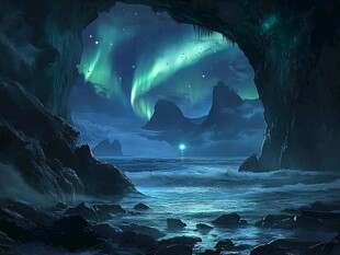 梦幻洞穴外的极光海景