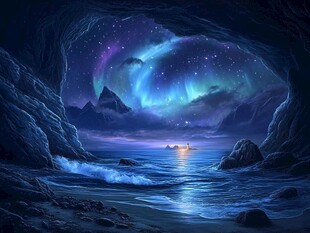 洞穴外的梦幻极光海景