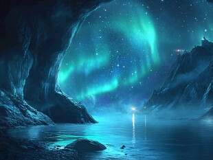梦幻极光下的洞穴与水域