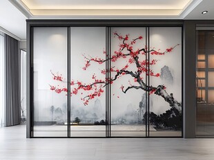 中式屏风上的红梅山水图