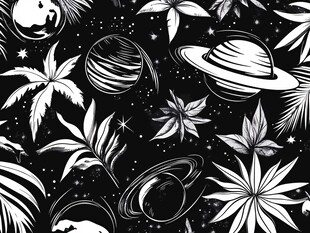 宇宙与植物的黑白奇幻图案