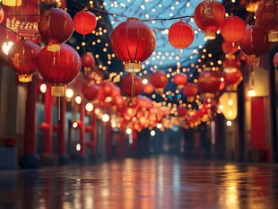 红灯笼装点的梦幻古风街道