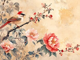 花鸟绘景 枝头栖鸟伴繁花