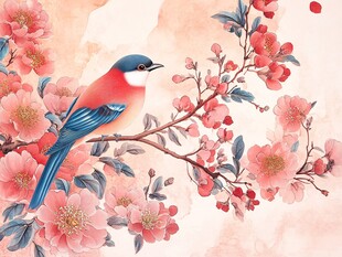 花鸟图 枝头雀与盛放繁花