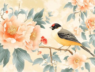花鸟绘景 雀栖繁花枝头