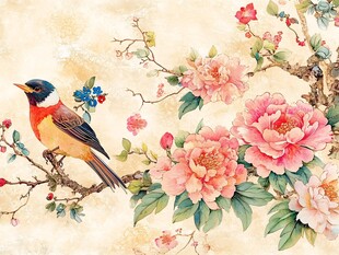 花鸟图 牡丹枝头栖雀