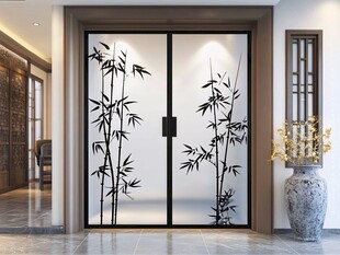 中式竹纹玻璃推拉门设计