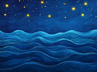 夜空下的蓝色海浪与繁星
