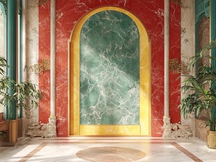 红墙绿纹大理石拱门空间