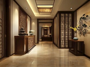 中式典雅风的精致入户走廊