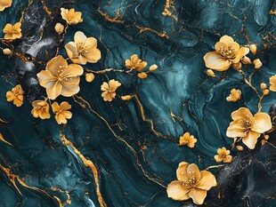 蓝绿底金色花卉精美图案