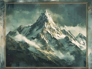 巍峨雪山云雾缭绕图景