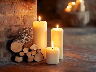 温馨烛光与木柴的静谧场景