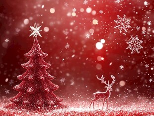 红色圣诞景 麋鹿伴圣诞树