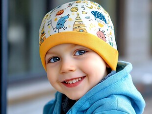 可爱萌娃戴卡通图案帽子