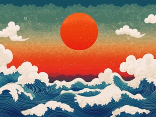 海上红日与翻涌波浪