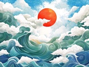 海上红日与翻涌波浪图景