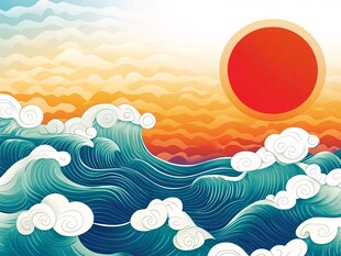 海上日出 海浪翻涌之景