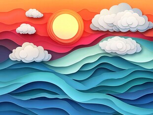 纸艺风格的海上日出美景