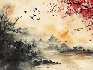 水墨秋景飞鸟与红枫