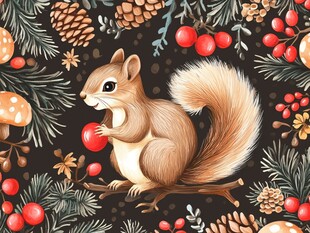 松鼠置身于秋日野果间