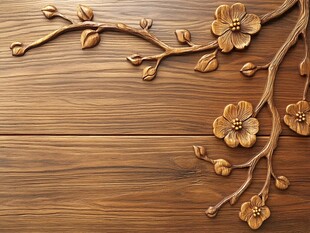 木雕花卉装饰于木纹背景