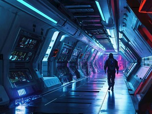 未来科幻走廊中的孤独行者