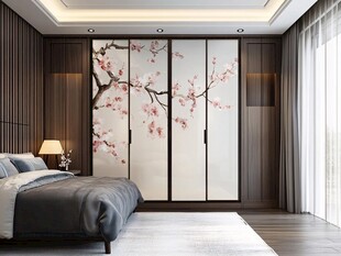 新中式卧室的唯美樱花背景墙