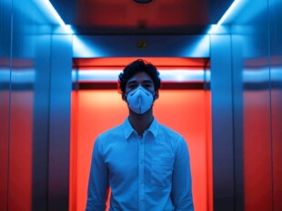 电梯中戴口罩的男士