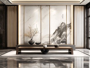 中式客厅山水背景墙设计