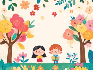 春日孩童花丛阅读图景