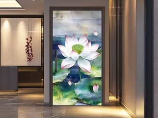 中式玄关处的唯美荷花壁画