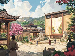 古风庭院中人物悠然景致