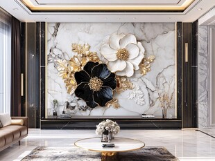 奢华大理石花卉客厅背景墙