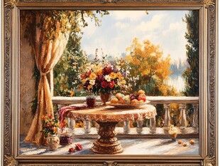 秋日阳台花卉静物油画