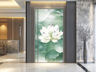 中式玄关荷花艺术玻璃画