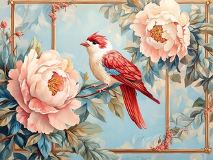 花鸟图 红羽鸟栖于粉牡丹旁
