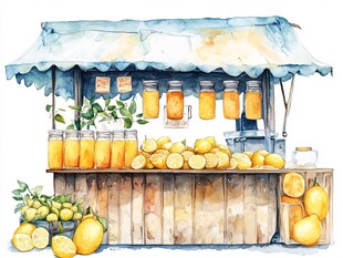 柠檬摊位水彩插画