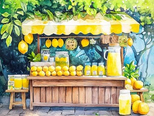 夏日柠檬摊位水彩画风景