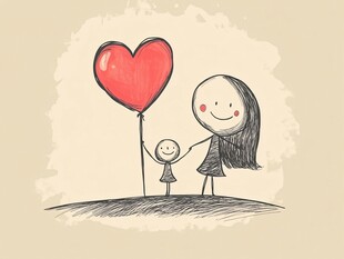 母亲与孩子的爱心气球时光