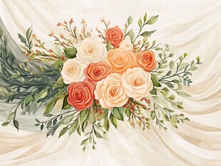 清新手绘风橙白玫瑰插花