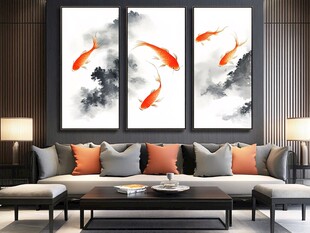 中式客厅三联锦鲤装饰画