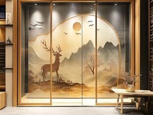 中式山水鹿景玻璃门装饰